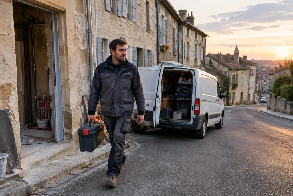 Un artisan indépendant quitte un chantier avec sa caisse à outils dans une petite ville.