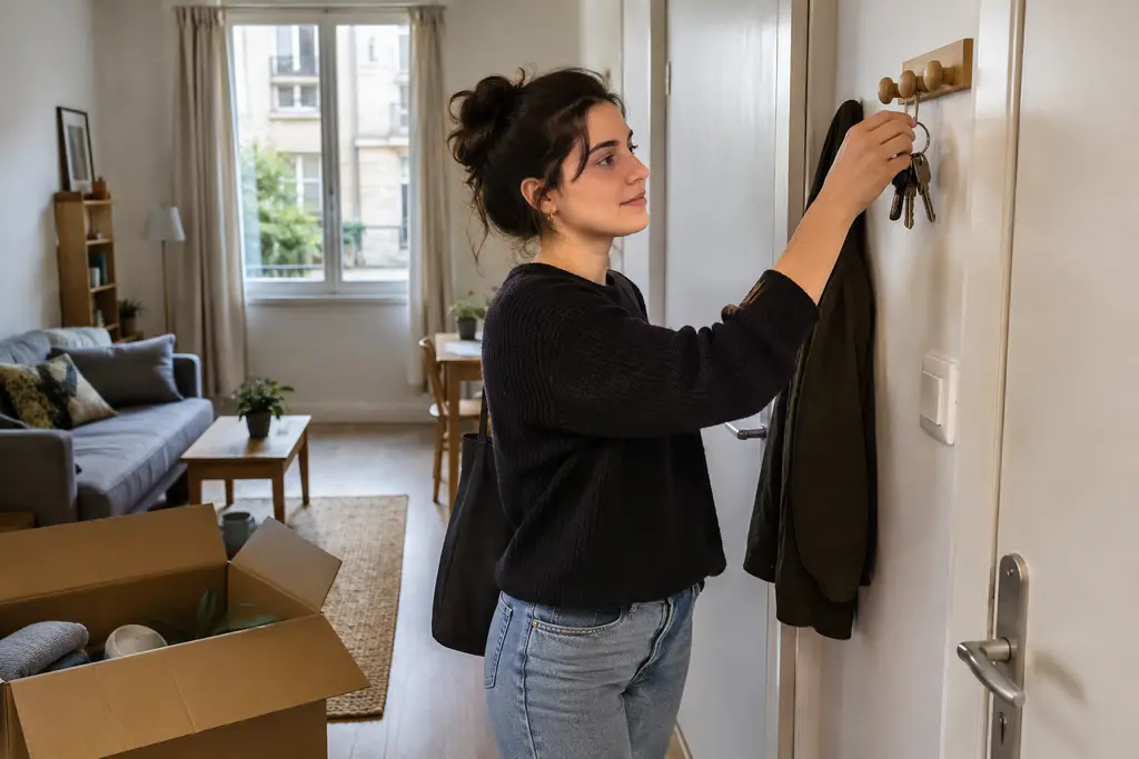 Une locataire accroche ses clés dans l’entrée de son appartement, près d’un carton ouvert.