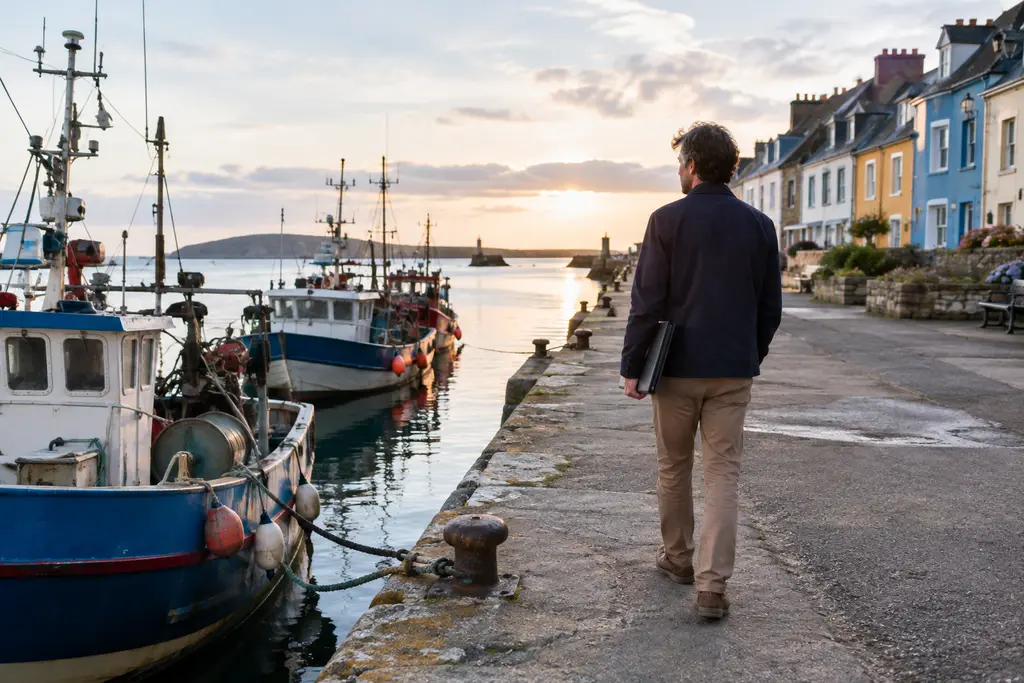 Un homme avec une pochette fermée marche sur un quai de port breton.