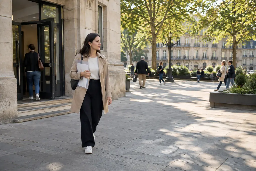 Une femme quitte un bâtiment administratif avec une pochette fermée, sous une lumière claire.