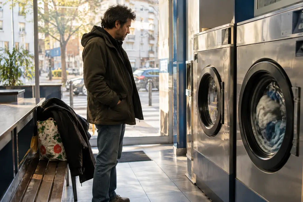 Un homme attend calmement devant un lave-linge dans une laverie de quartier.