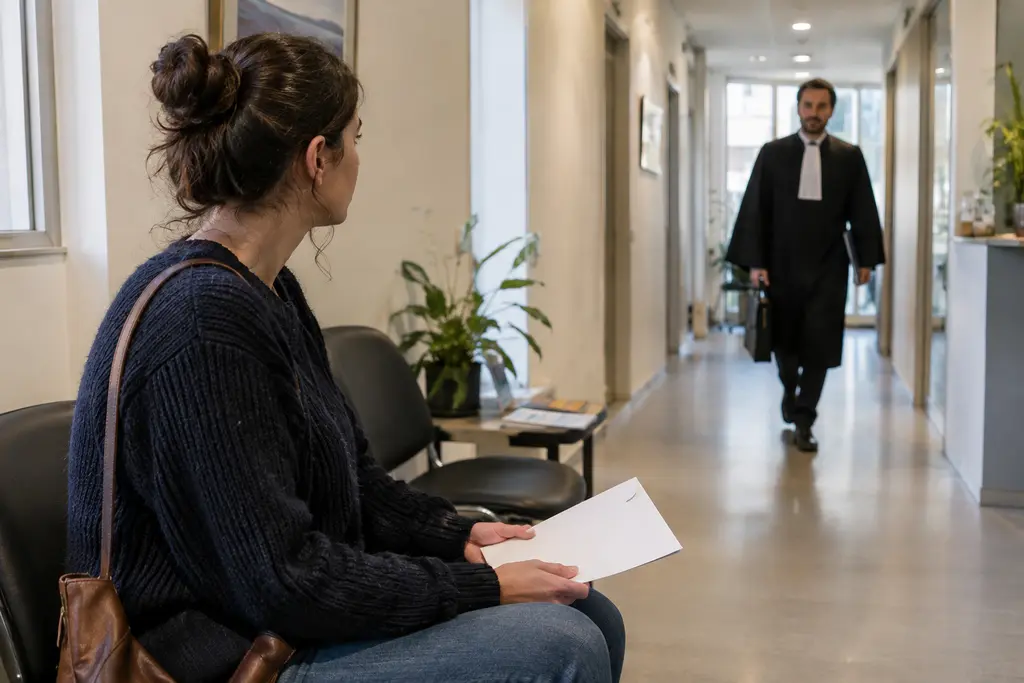 Une femme attend avec une enveloppe retournée dans un couloir de permanence juridique.