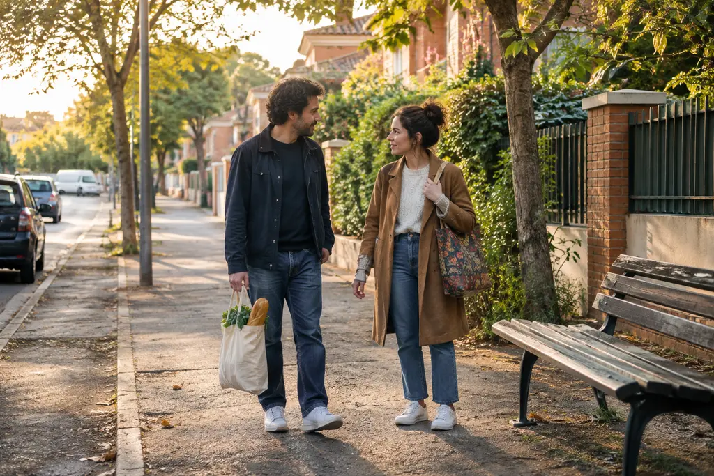 Deux partenaires discutent près d’un banc après avoir fait leurs courses dans leur quartier.