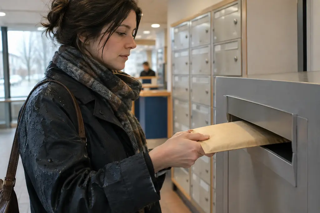 Une femme dépose une enveloppe épaisse dans une boîte postale sans inscription apparente.