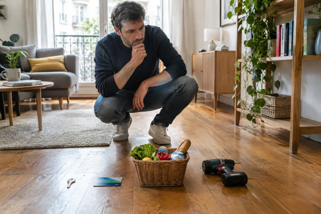 Un homme observe des clés, un panier et des objets rangés par catégories dans son salon.