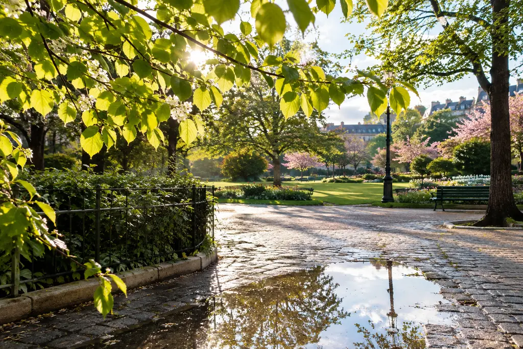 Une allée humide s’ouvre vers un jardin ensoleillé après une averse de printemps.