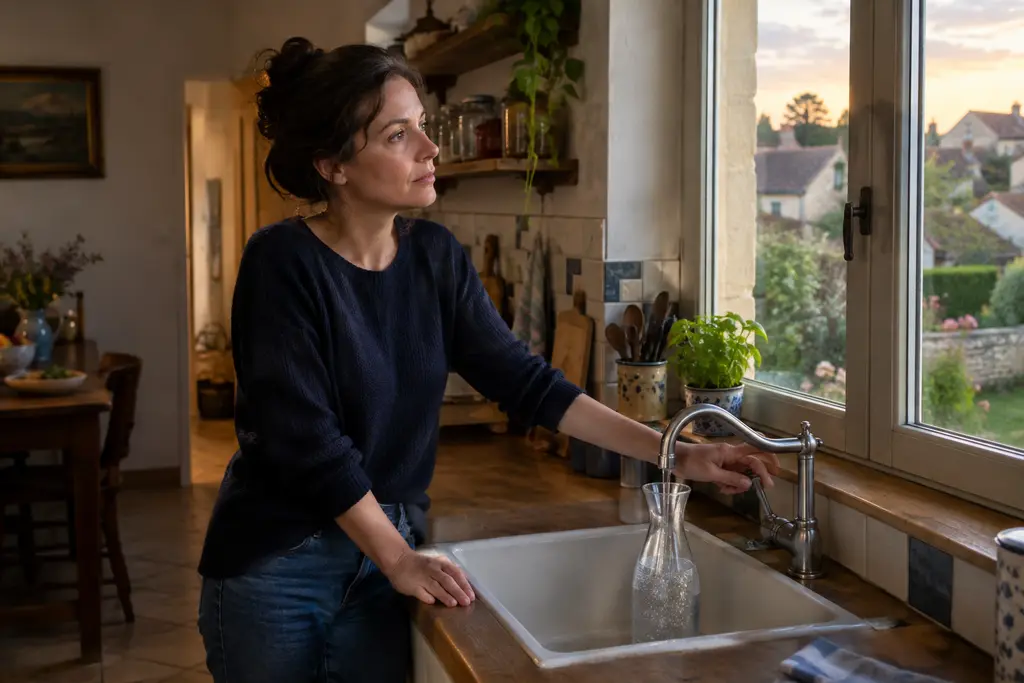 Une femme s’appuie sur le plan de travail de sa cuisine, face aux jardins du village.