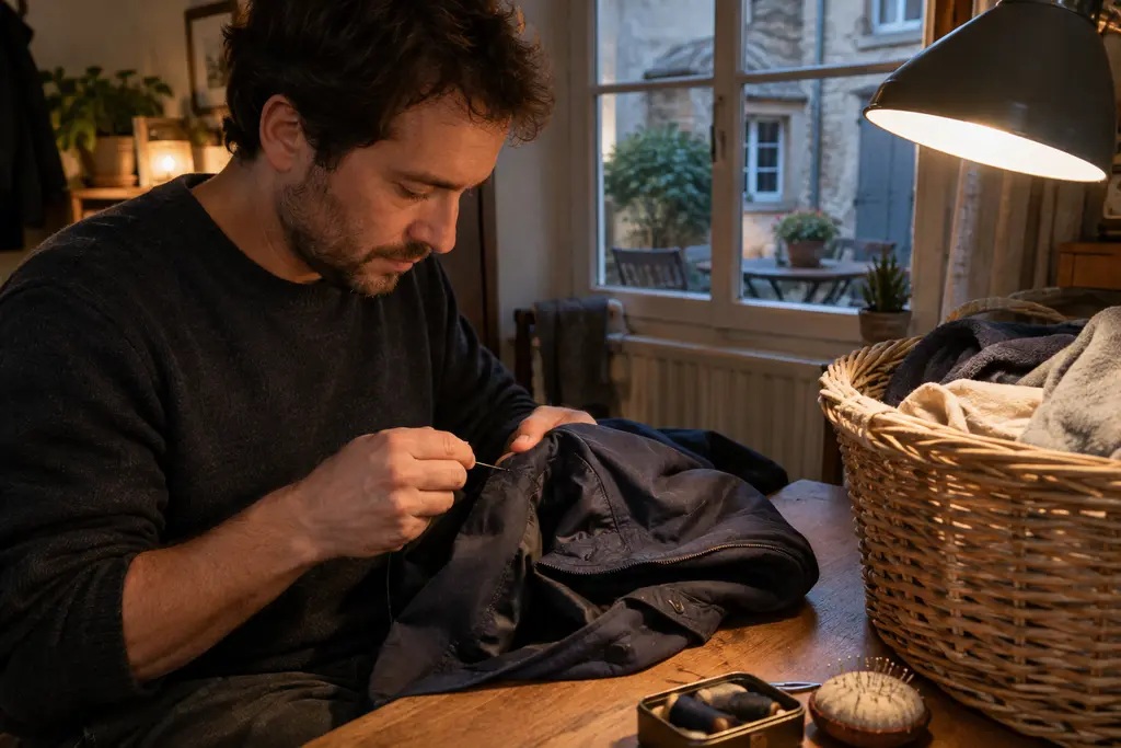 Un homme répare une veste dans son atelier domestique éclairé par une lampe.
