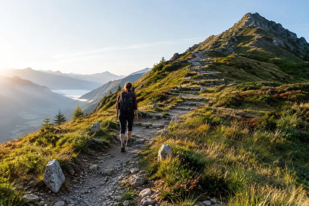 Une marcheuse avance par étapes sur un sentier de moyenne montagne bordé de pierres.