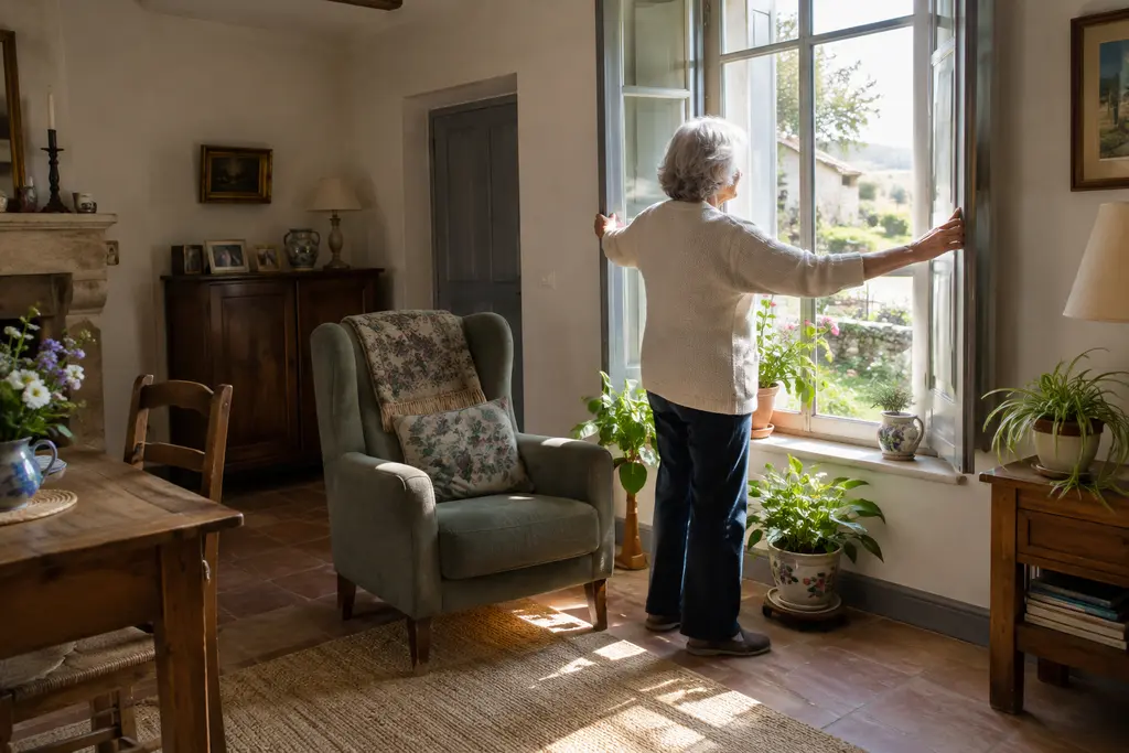 Une femme âgée ouvre les volets d’une maison de campagne soigneusement entretenue.