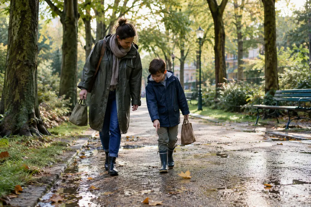 Une mère et son fils marchent dans un jardin après la pluie, sous une lumière douce.